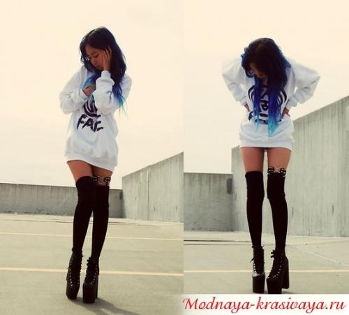 Гольфы выше колена с чем носить. Фото-образы для городских модниц