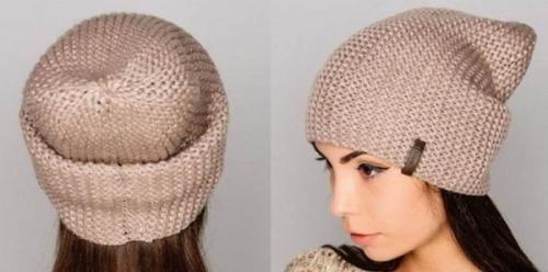 Вязание шапки бини спицами с отворотом. Бини платочной вязкой
