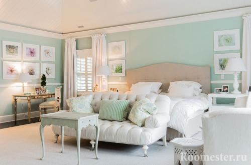 Мятный цвет в интерьере сочетание. Нежная спальня