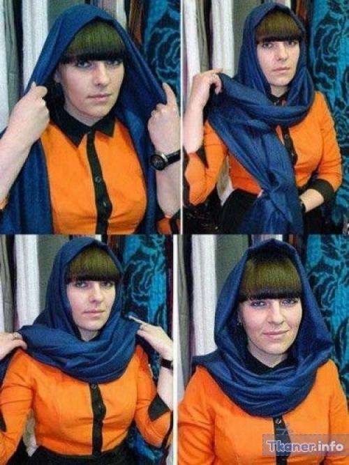 Как завязать палантин на шее и голове. Как носить палантин на голове с курткой 09