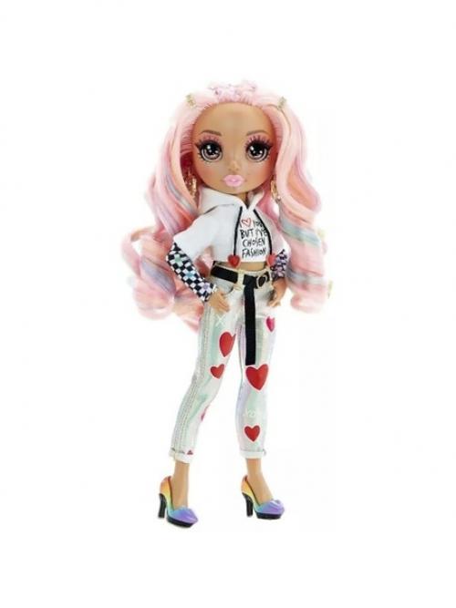 Кукла Киа харт со светло - карими глазами, длинными волнистыми розовыми волосами с голубыми локонами. 02