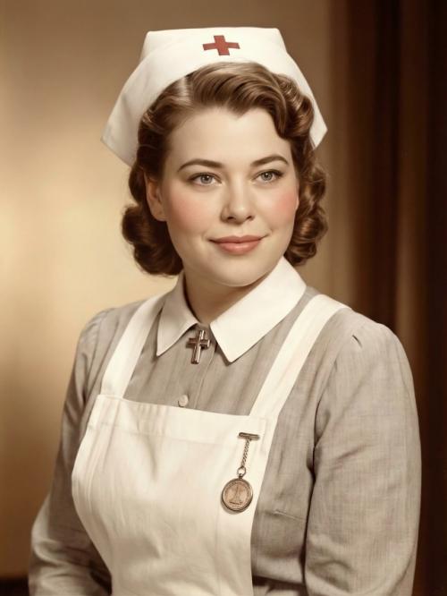 Женщина 32 года, в классической форме медсестры, характерной для середины XX века (примерно 1940-1950-х годов. 01