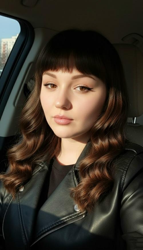 Используя мое фото создай фото крупный план молодой женщины с яркими карими глазами и волосами как на фото, сидящей в салоне автомобиля.  
