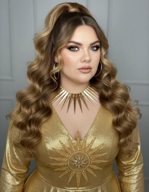 Промт.

Портрет элегантной женщины с длинными волнистыми волосами медово - каштанового оттенка с мелированием.  
