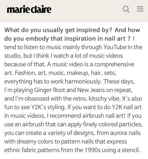 В интервью Marie Claire мастер маникюра Гарри стайлса говорит, что смотрит музыкальные клипы ньюджинс для вдохновения! 01