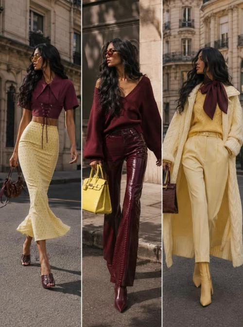 Сочетание нежного сливочно - желтого (Butter Yellow) и глубокого бордового (Burgundy) стало одним из главных трендов сезона. 


