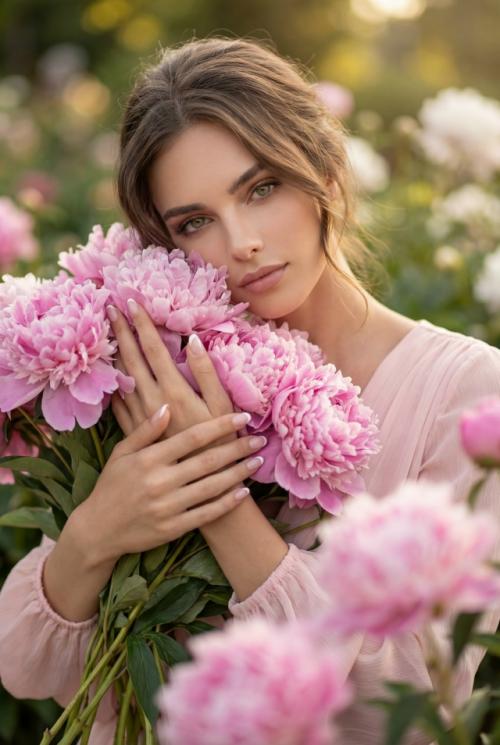 Нежный и романтичный портрет молодой женщины, 100% сходство, утопающей в пышных розовых пионах.  
