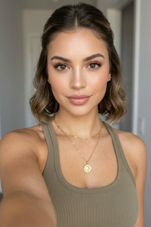 Молодая женщина с мягкими чертами лица, делающая селфи в домашней обстановке. 

