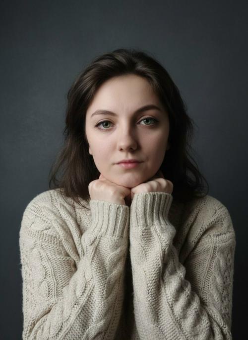 Создай, не меняя черты лица, молодая девушка европейской внешности, вероятно, около 30 лет, изображена на фоне темно-серого фона.  