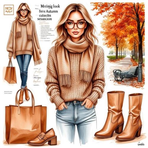 На странице модного журнала изображен скетч с названием Утренний Образ на Осенний Сезон. 02