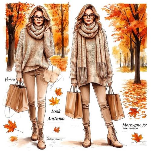 На странице модного журнала изображен скетч с названием Утренний Образ на Осенний Сезон. 01