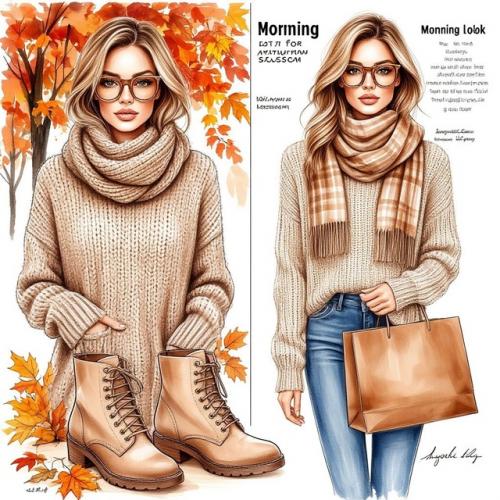 На странице модного журнала изображен скетч с названием Утренний Образ на Осенний Сезон. 06