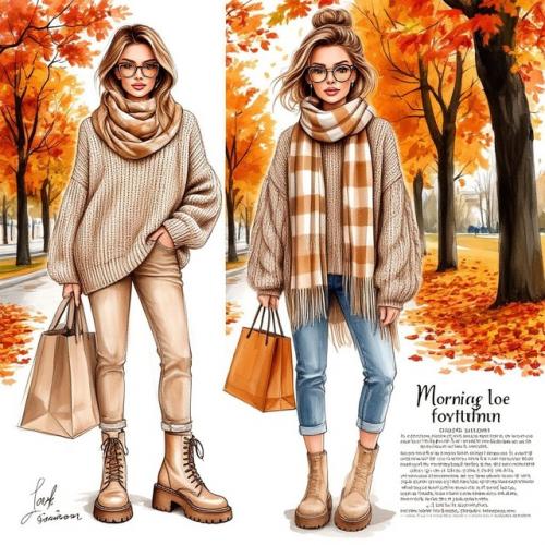 На странице модного журнала изображен скетч с названием Утренний Образ на Осенний Сезон. 05