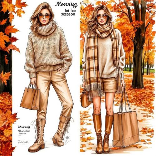На странице модного журнала изображен скетч с названием Утренний Образ на Осенний Сезон. 03