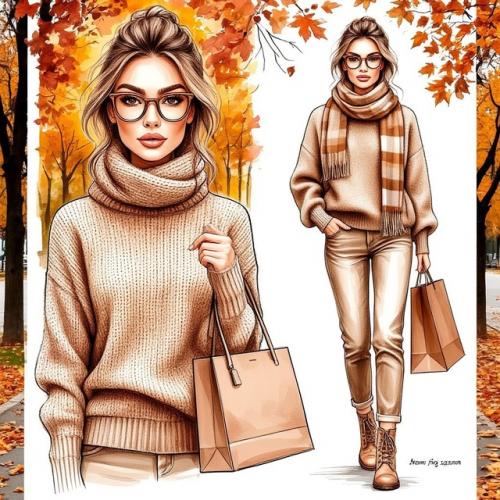 На странице модного журнала изображен скетч с названием Утренний Образ на Осенний Сезон. 04