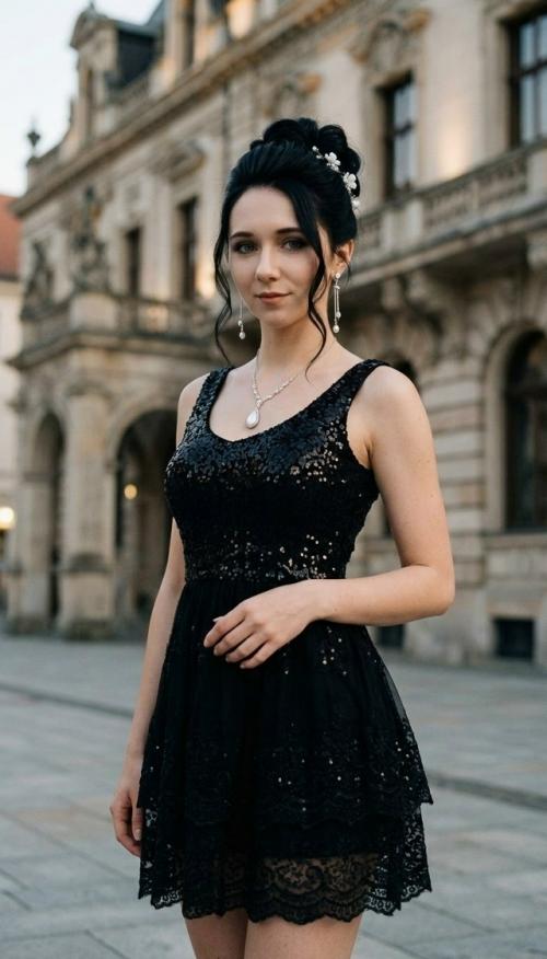 Элегантная модель на фоне красивого здания стоит. 
