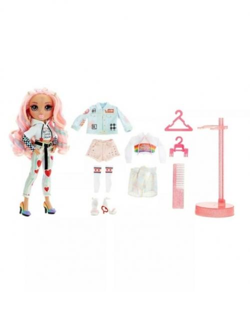 Кукла Киа харт со светло - карими глазами и длинными волнистыми розовыми волосами и голубыми локонами. 01