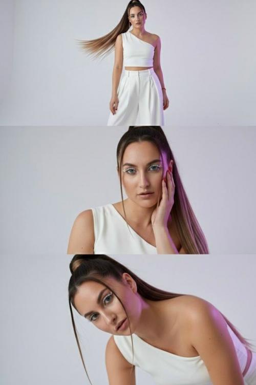 Триптих.
Верхняя часть: близкий ракурс по пояс женщина стоит в минималистичной белой студии.  